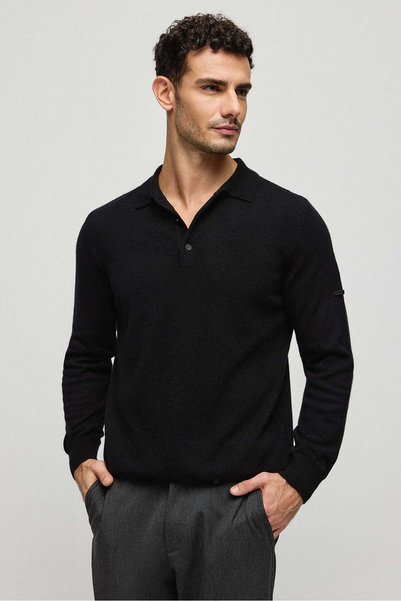 Silk and Cashmere Siyah Saf Kaşmir Erkek Polo Kazak