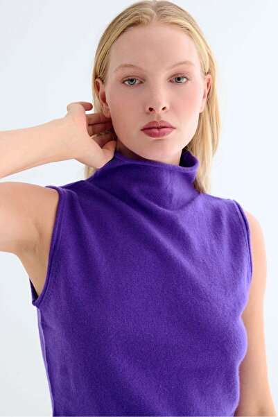 Silk and Cashmere Mor Pera Saf Kaşmir Boğazlı Kolsuz Triko