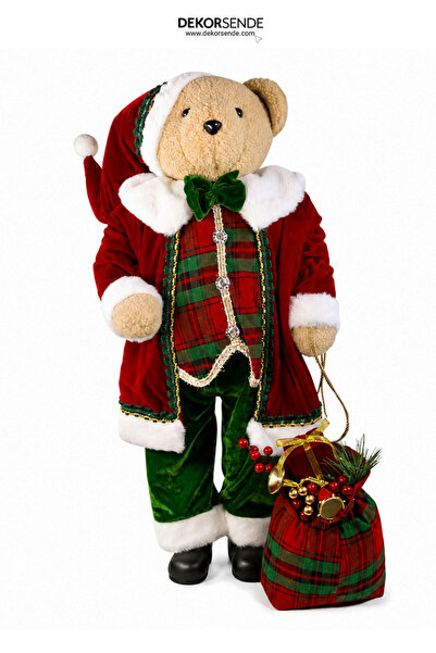 Dekorsende Christmas Red Jacketed Bear with Sack 80 cm