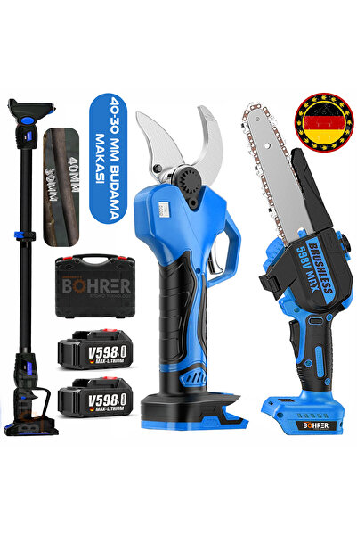 BÖHRER 58Vf 5Ah Çift Akülü Budama Testeresi ve Budama Makası Seti – 10 cm Pal...
