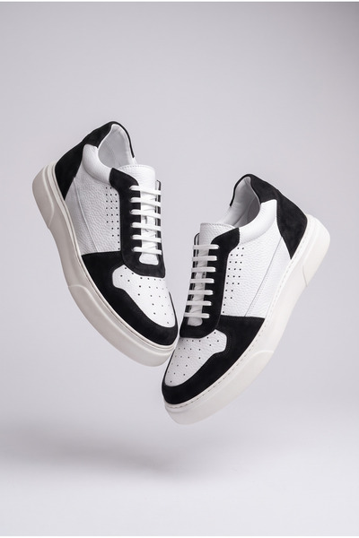 Hakiki Dana Derisi +7 cm Boy Uzatan Sneaker – Beyaz Siyah Süet Detaylı Erkek Spor Ayakkabı