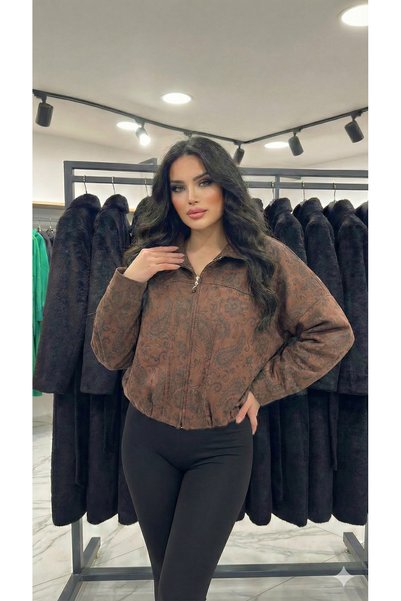 ribana Kadın Kahverengi Astarlı Gömlek Yaka Etnik Desenli Mevsimlik Bomber Süet Crop Mont D99786
