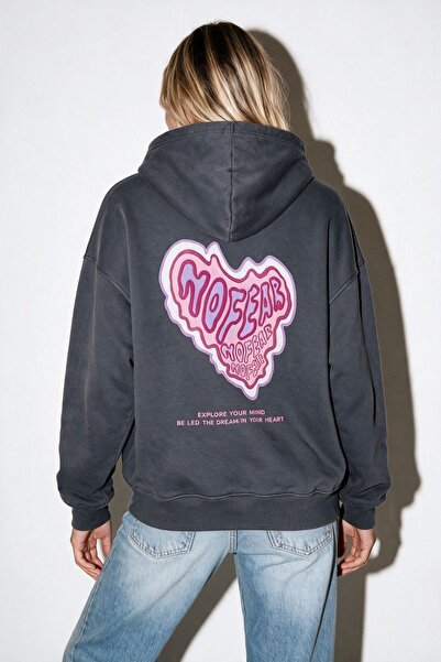 The Champ Clothing Kadın Oversize Sweatshirt Hoodie No Fear Baskılı Füme–3 İp...