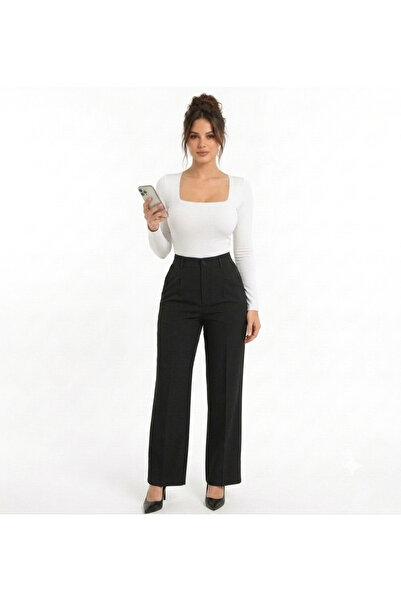 Kadın Beyaz Kare Yaka Uzun Kollu Slim Fit Pamuklu Ultra Soft Likralı Kumaş Basic Bluz