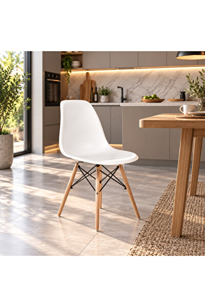 Woodesk Luna Ağaç Ayaklı Modern Beyaz Eames Sandalye Snd3005-byz