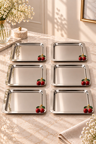YzHome 6 Kişilik Metal Kare Kirazlı Kiraz Sunum Servis Tepsisi Tepsi 22cm