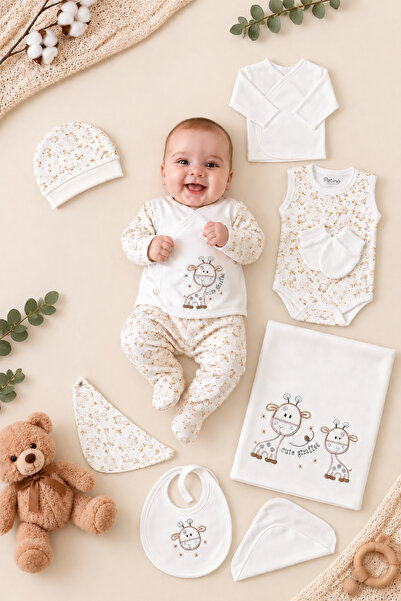 Petino Giraffe Embroidered 10 Piece Newborn Hospital Discharge Set Ecru Unisex Baby Bodysuit Set with Blanket