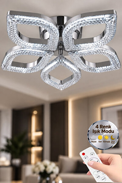 Elora Home Yaprak Model Gümüş 5"li Ledli 3 Renk Modu Kristal Salon Mutfak Yat...