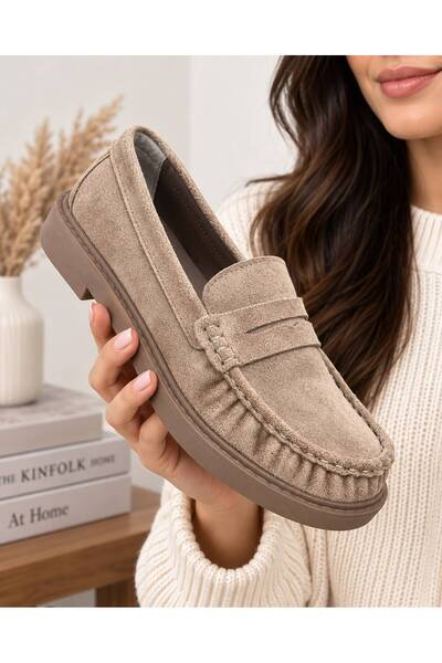 RoseVeno Rolly Women's Beige Suede Penny Moccasin Women's Loafer Shoes