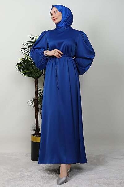 Giza Giyim Slim Belted Satin Dress Midnight Blue