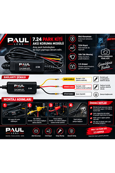 PAULLED Type-C Girişli 7/24 Araç Kamerası Park Modu Bağlantı Kiti Hardwire Ki...