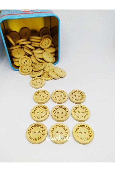 Genel Markalar 20 Adet Handmade Yazılı 20mm Yuvarlak Ahşap Düğme