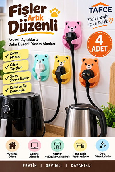 tafce 4 Adet Ayıcık Desenli Yapışkanlı Fiş Tutucu Kablo Düzenleyici Airfryer ...