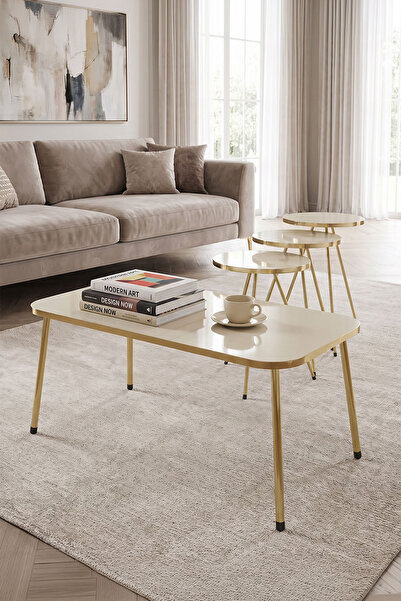 GOLDFALEZ Zigon Sehpa Ve Orta Sehpa Kr Gold Metal Ayak Gold Krem Set