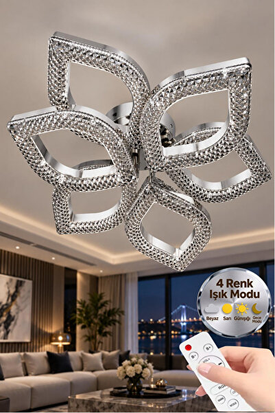 Elora Home Yaprak Model Gümüş 6"lı Ledli 3 Renk Modu Kristal Salon Mutfak Yat...
