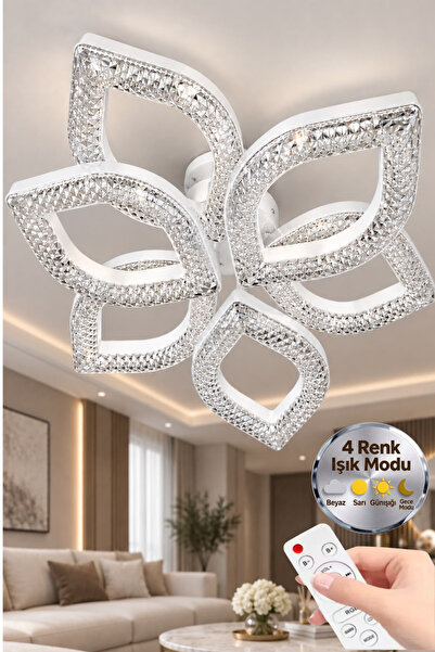 Lüxev Lighting Flora Model Beyaz 6"lı Ledli 3 Renk Modu Kristal Salon Mutfak ...