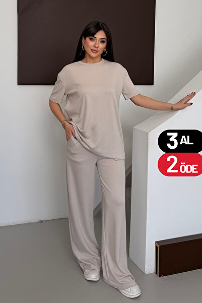 noov Kadın Oysh Modal Kumaş Yarım Kollu Basic Günlük Modal Takım 6007 Bej