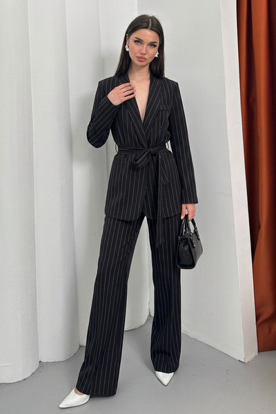 AKD Atelier Women's Striped Belted Blazer Jacket Pants Suit