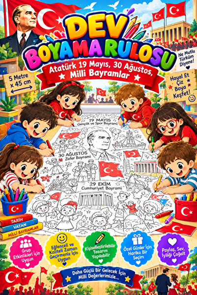 SinaTicaret Atatürk, 19 Mayıs, 30 Ağustos, Dev Boyama Kağıdı Boyama Rulosu Bü...