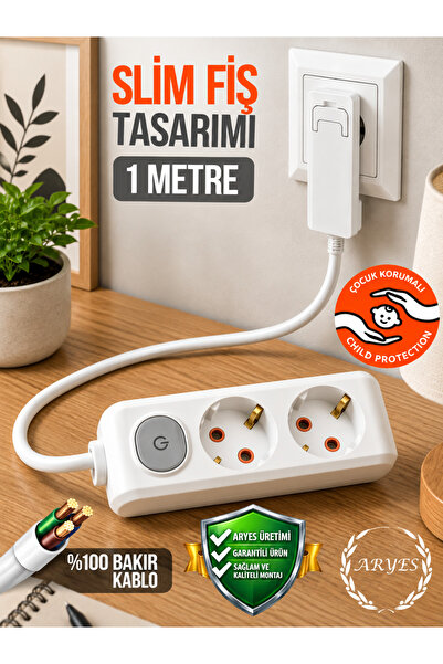 Aryes 2’li Grup Priz Anahtarlı 1 Metre - Ultra İnce Fiş Çocuk Korumalı - Topr...