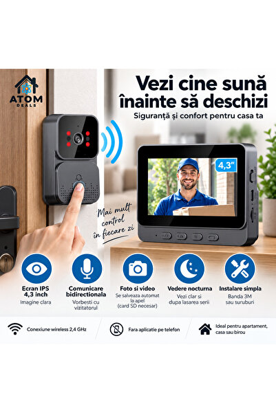 ATOM DEALS Sonerie video wireless ATOM Deals® cu ecran IPS 4.3", interfon bid...