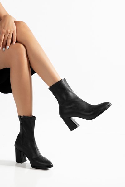 vanorio Women's Black Leather Boots Pointed Toe Zippered Stretch Fabric (7cm) Thick Heeled Boots