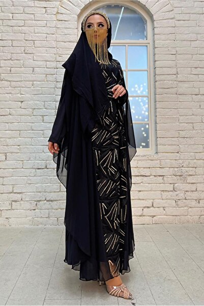 TRENDTESETTÜR KADIN SİYAH PUL PAYETLİ ABİYE ELBİSELİ TAKIM T 5773