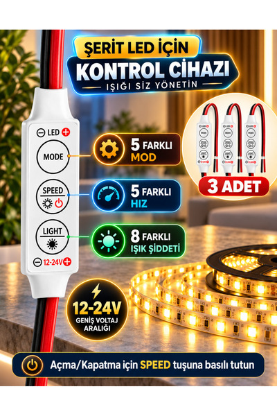 Unichrome 3 Adet Hafızalı Çok Fonksiyonlu Şerit Led Dimmer Kontrol Devresi Mo...