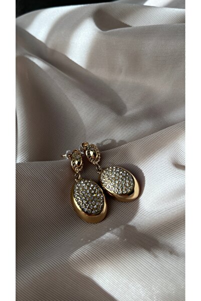 Gold Oval Taşlı Küpe | Çelik