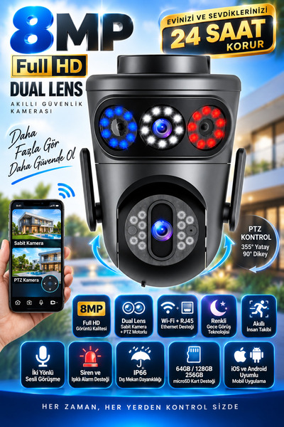Visenox 8MP Dual Lens WiFi PTZ Dış Mekan Güvenlik Kamerası Renkli Gece Görüş ...