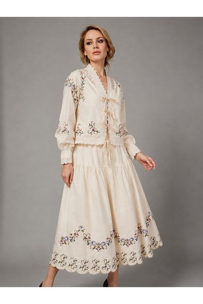 Lavanta Tekstil Designer Linen Embroidered Skirt Set