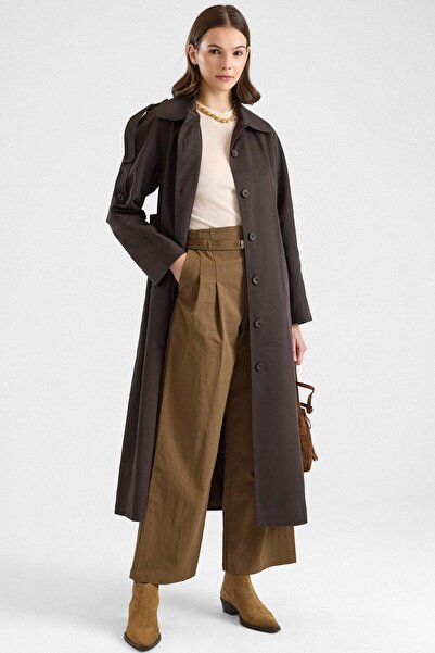 Olcay Epaulet Detailed Large Size Water Repellent Long Trench Coat Brown 6899