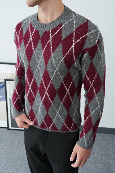İLKCET MODA Men's Diamond Patterned Oversized Fuzzy Sweater
