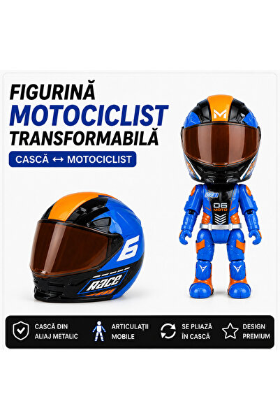FAMIFY Figurină de colecție Pilot Moto Pocket Rider, Articulată, cu cască detașabilă, Albastru-Portocaliu
