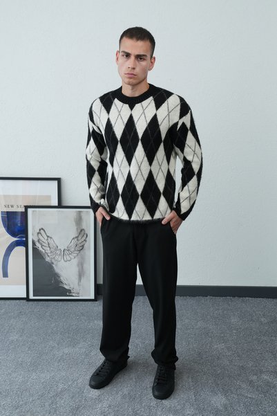 İLKCET MODA Erkek Baklava Desenli Oversize Tüylü Kazak