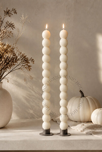 IONIC HOUSE Pumpkin Spice Kokulu Dekoratif Şamdan Mum Kırık Beyaz 2’li Set