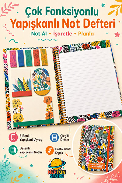 neptünstore Çiçek Desenli Çok Fonksiyonlu Yapışkanlı Defter A5 – Postitli, Ay...