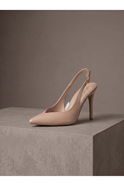 Güllü Shoes Beige Patent Leather Transparent Detailed Slingback Stiletto Poin...