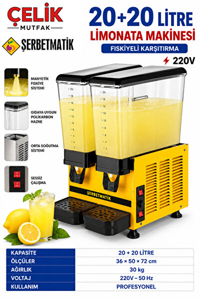 şerbetmatik Çiftli Hazneli Limonata ve Ayran Makinesi 40 Litre Endüstriyel Bü...