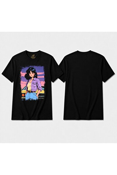 HESCOKOZMETİK Μαύρο μπλουζάκι Unisex με στάμπα Retro Anime City Pop