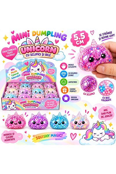 OEM Mini Dumpling Unicorn Squishy, 5,5 cm, cu Sclipici și Bile, Jucărie Antis...