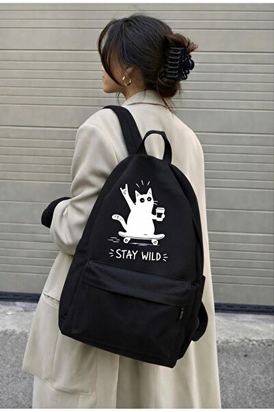 nesebutik حقيبة ظهر كاجوال سوداء للجنسين مطبوع عليها "Stay Wild" حقيبة ظهر كا...