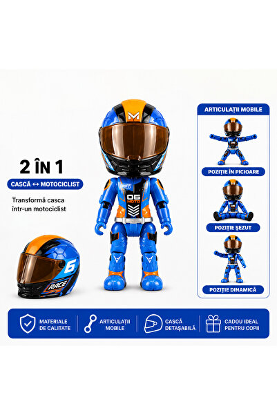 FAMIFY Figurină de colecție Pilot Moto Pocket Rider, Articulată, cu cască detașabilă, Albastru-Portocaliu