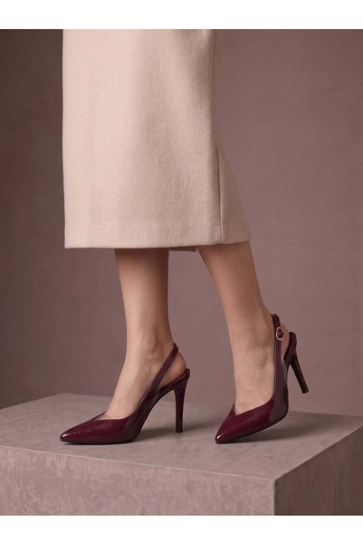 Güllü Shoes Burgundy Patent Leather Transparent Detailed Slingback Stiletto Pointed Toe Gold Buckle Thin Heel Evening Dress Event Night