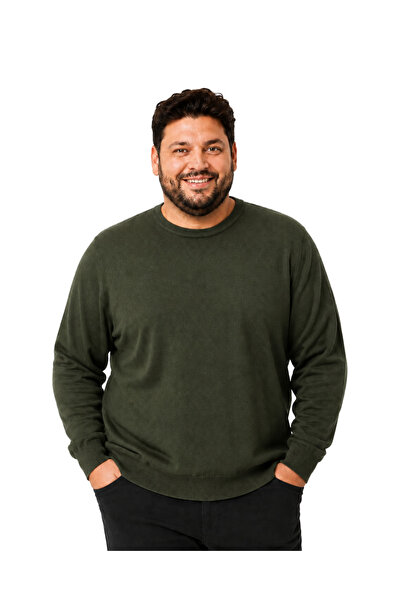 BattalModa سترة قطنية للرجال مقاس كبير باللون الكاكي برقبة دائرية 3XL-4XL-5XL...