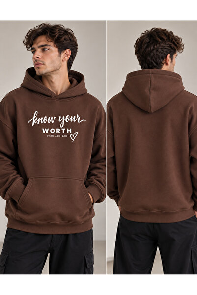 MARKATEM Women's Men's Unisex Oversize Hooded Sweatshirt Know Your Worth Prin...