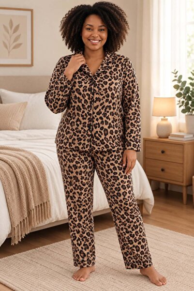 Starinci Mayo Plus Size Suede Women's Pajama Set with Leopard Pattern