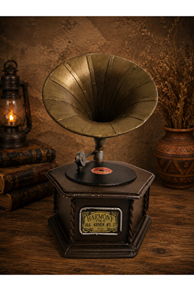 tan organik Nostaljik Dekoratif Gramofon – Vintage Retro Masaüstü Biblo Metal...