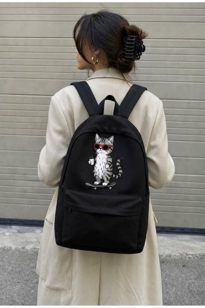 nesebutik Cool Cat Printed Black Backpack School and Daily Use Bag