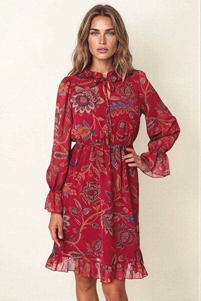 ROH Rochie midi florală bordo de damă cu talie elastică